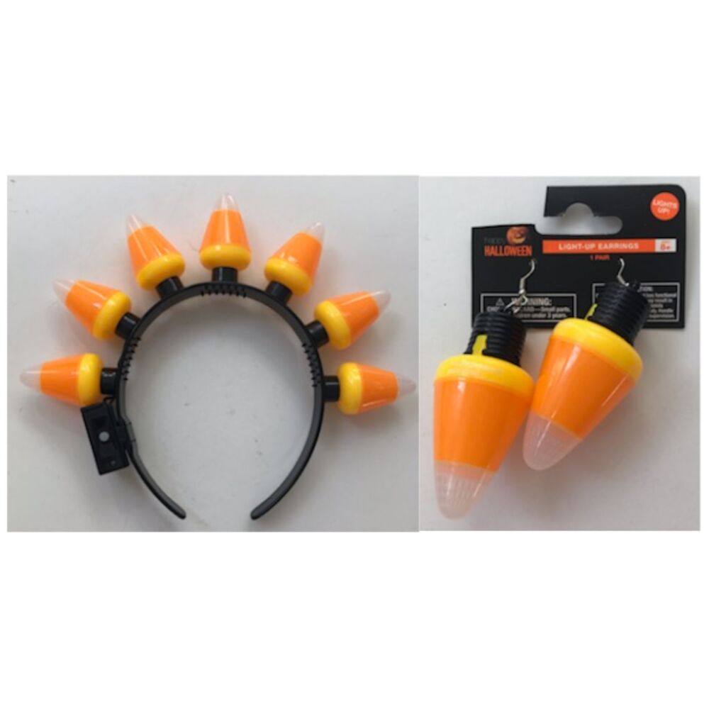 Halloween Candy Corn Costume Light Up Headband Dangle Earrings Set Trick Treat